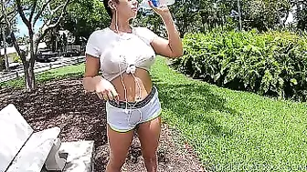 Busty Fitness Babe in Wet T-Shirt out Public