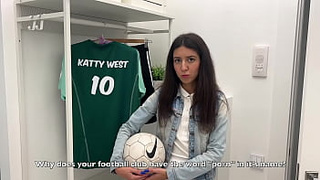 The recruiter of a football team picks up a fresh footballer in front of the stadium to fuck her