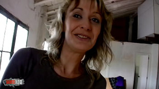Thin french blonde MILF banged in the rear-end for money in the wharehouse