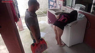 Married housewife pays washing machine technician with her butt while man is away