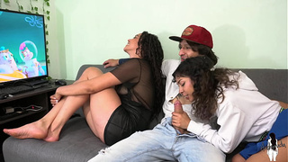My gf rides our enormous penis bestfriend while im distracted at the tv!