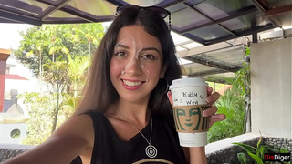 Bj in a Public Toilet Starbucks and Cumwalk - She drinks coffee with jizz on face among people