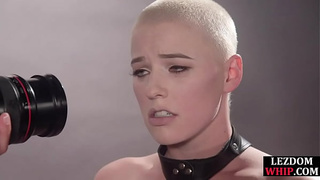 Bald blonde babe with huge breasts gets fingered and anal fuck