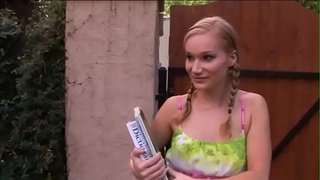 Kinky college floozie Katie Ray allows her gardener to drill her fresh tight booty and cream her beautiful face with his giant tool
