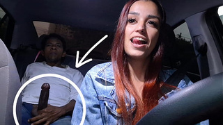 Sleazy delivery driver catches gifted passenger masturbating from butt!