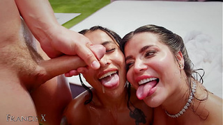 Outdoor Group sex 9 Males Fuck two Hoes in Lingerie with Anal and DP