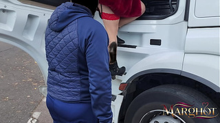 A naughty MILF shows off in a truck stop parking lot and gets pounded by a trucker