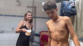 My stepmother helps me bathe, and my jealous stepsister gets in and makes me run in it.
