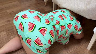 stepmom bent under the table and received a prick in the butt from her stepson and gave him a oral sex
