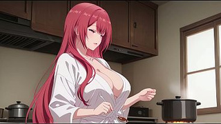 Stepson Came Home Early and Caught Dad's Wifey Cooking in a Tiny Robe. Kureha Enomoto Cartoon Cosplay (AI-generated)