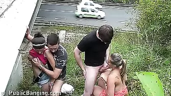 A skank with enormous natural boobies and a fresh teeny bitch banged in a public street foursome by two hung males with monstrous dongs doing oral deep throat oral oral sex and sexual intercourse in the doggy style position and jizz on her pretty gigantic
