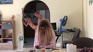 Amatuer Wild stepdaughter hid in the fridge and got behind fuck from daddy while mom watch TV
