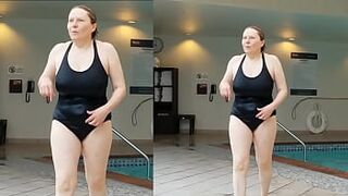 Cute Grandmother is Charming at 66 in a dark swimsuit