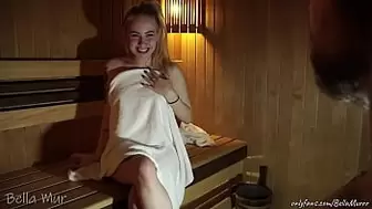 Curvy cutie fucking a stranger in a public sauna