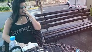 Dirty Orgasm in Public with interactive toy Public female cumming interactive toy slut with remote vibe outside