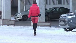 Red Tights. Jeny Smith public walking in tight seamless red pantyhose (no panties)