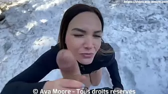 A French bitch blows a monstrous rod in the snow and sucks all the jizz - Oral sperm shot